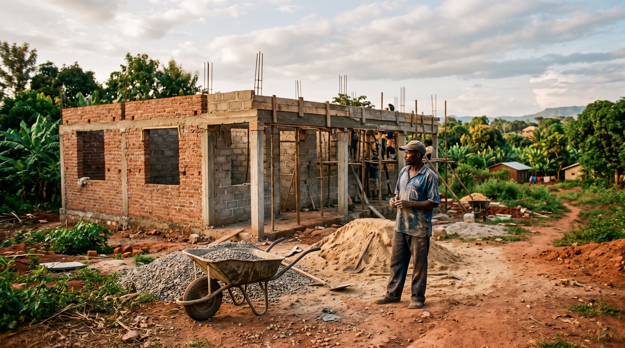Unfertiges Gebäude aus Ziegeln und Beton in Mwanza mit Schubkarre und Bauarbeiter