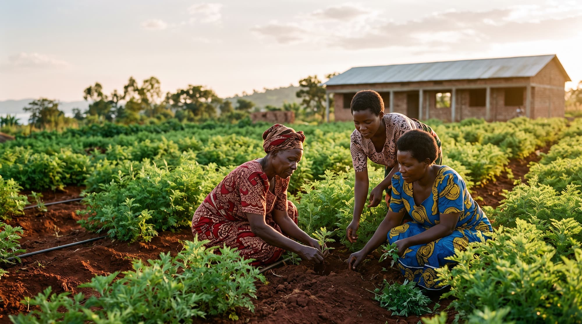Frauen pflegen den Heilpflanzen-Garten in Mwanza, Tansania, im Abendlicht