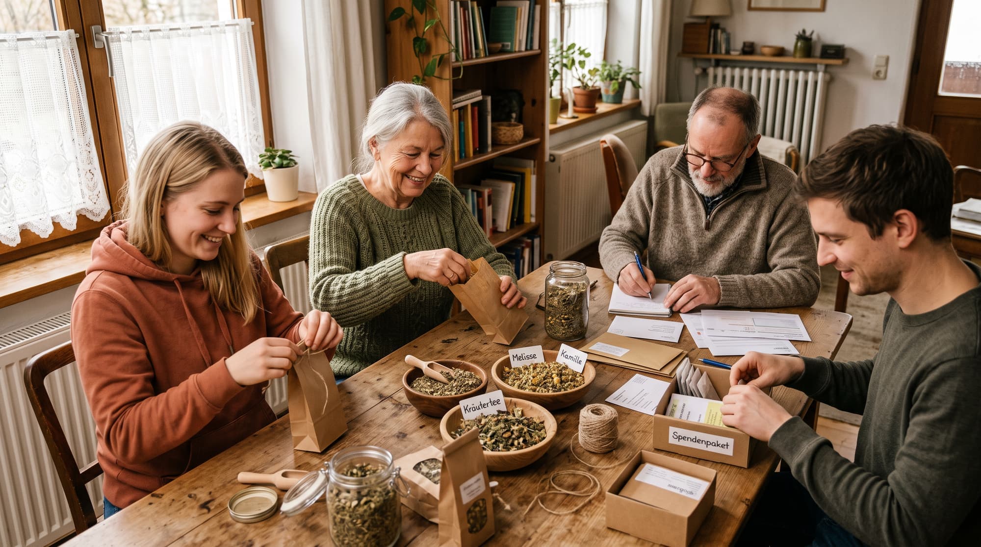 Ehrenamtliche packen Kräutertee und Spendenpakete an einem Tisch